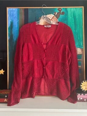 TanJay Red Crochet Beaded Patchwork Cardigan Size Large
